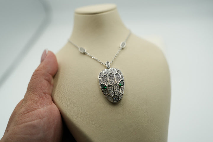 CZ Serpent Necklace Green Eyes Snake Pendant Choker 925 Silver 18k White Gold Plated Bijou Era Store