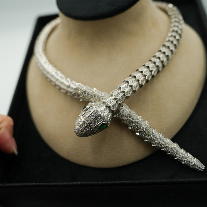 CZ Serpent Necklace 925 Silver 18k White Gold Plated Snake Head Necklace Green Eyes Bijou Era Store