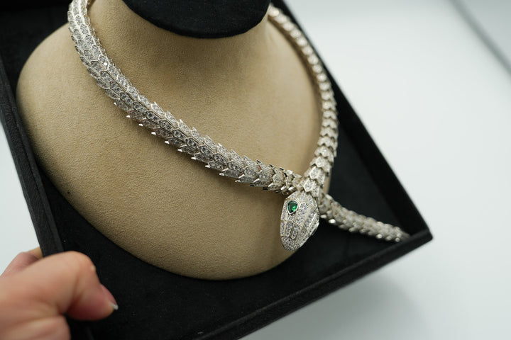 CZ Serpent Necklace 925 Silver 18k White Gold Plated Snake Head Necklace Green Eyes Bijou Era Store