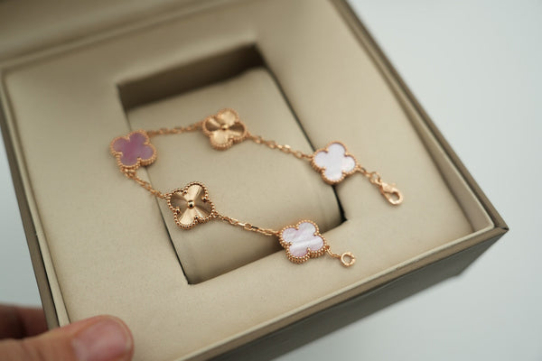 Pink Mother of Pearl & Guilloche 5 Motif Bracelet 15mm 18k Rose Gold Bijou Era Store
