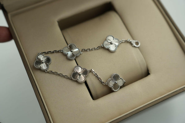 Guilloche 5 Motif Bracelet 15mm Clover 18k White Gold.