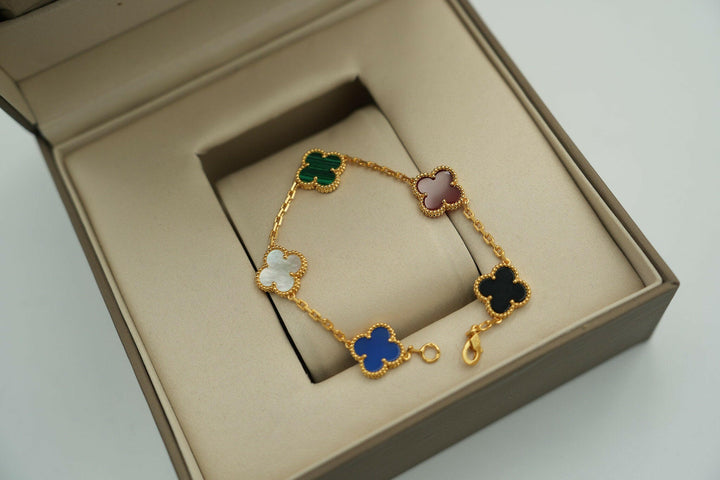 Assorted Gemstone 5 Motif Bracelet 925 Silver 18k Gold Plated 15mm Clover.