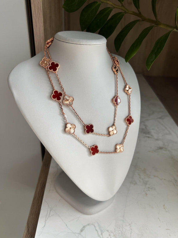 Carnelian & Guilloche 20 Motif Necklace 15mm Clover Long Gold Necklace.