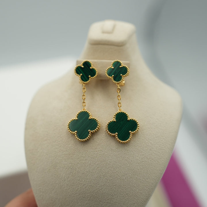 Malachite 2 Motif Clover Drop Earrings 18K Gold Push Back Bijou Era Store