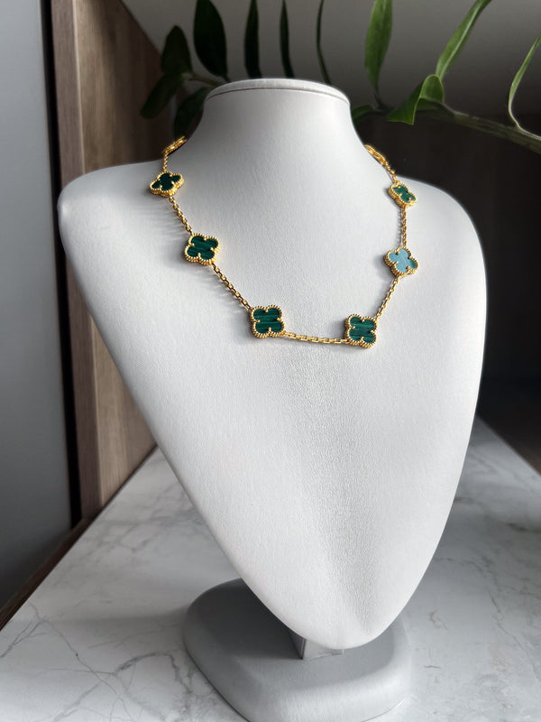 Malachite 10 Clover Gold Necklace 15mm Motif Pendant Choker 18K Gold Bijou Era Store