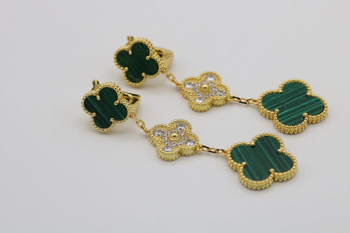 Malachite & CZ 3 Motif Earrings 18k Gold Clover Drop Earrings Bijou Era Store