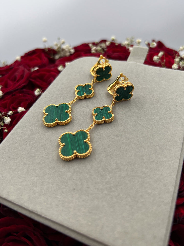 Malachite 3 motif Clover Drop Earrings 18k gold Push back Bijou Era Store