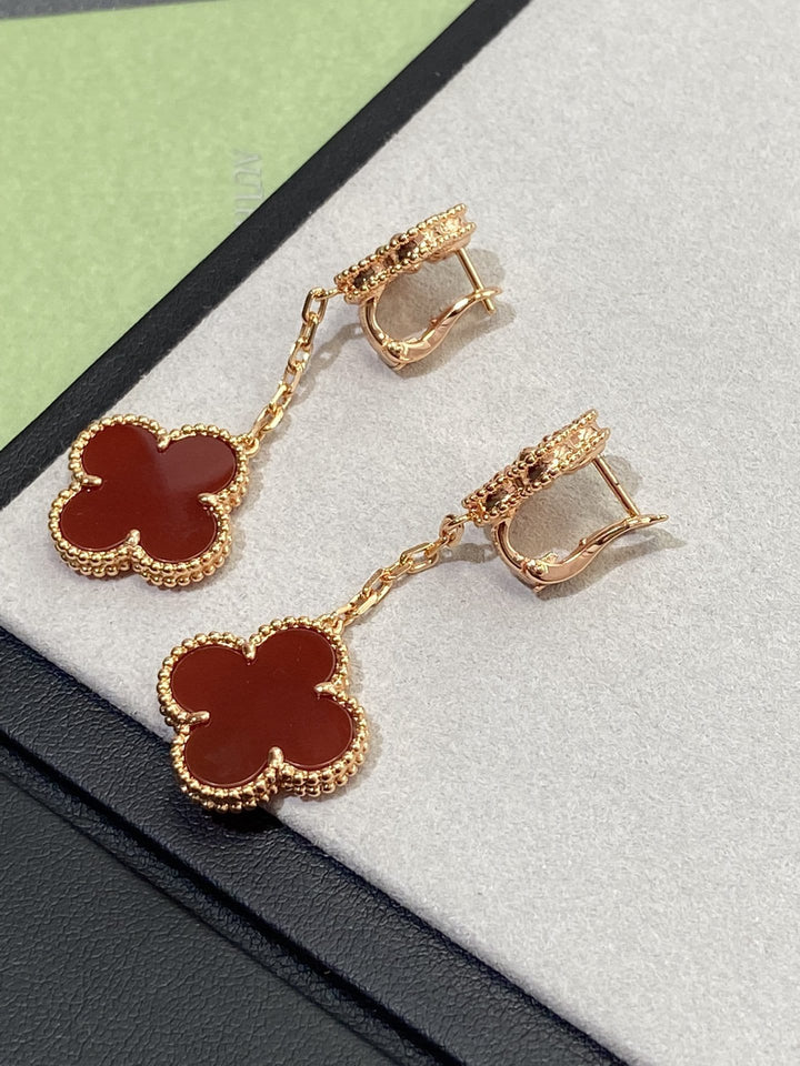 Carnelian &amp; Guillioche Dangle Drop Earrings, 2 Motif Clover Earrings 18K Rose Gold Push Back , 4 Leaf Earrings, Lucky Leaf Clover Bijou Era Store