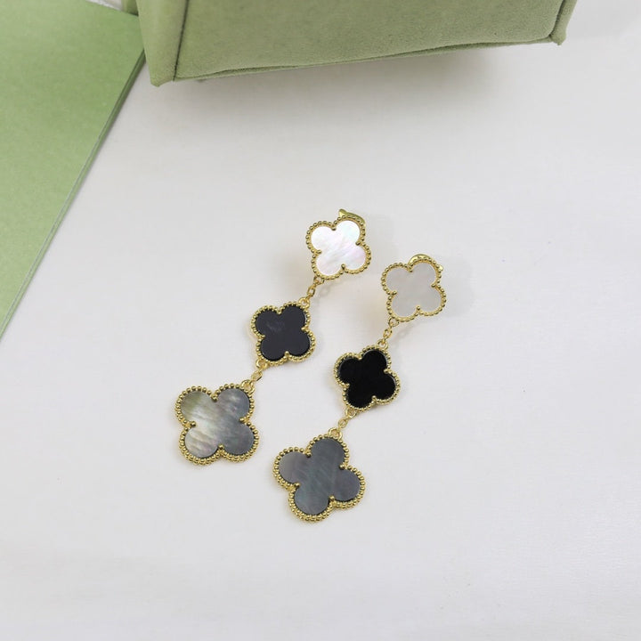 Black White Gray MOP 3 Motif Dangle Drop Earrings, 2 Motif Clover Earrings 18K Rose Gold Push Back , 4 Leaf Earrings, Lucky Leaf Clover Bijou Era Store