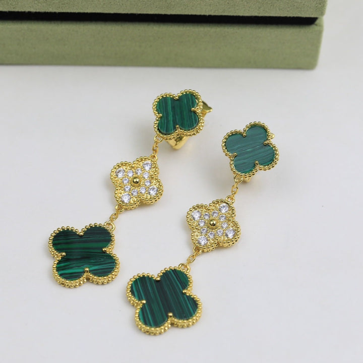 Malachite &amp; CZ 3 Motif Dangle Drop Earrings, 2 Motif CZ Clover Earrings 18K Gold Push Back , 4 Leaf Earrings, Lucky Leaf Clover Bijou Era Store