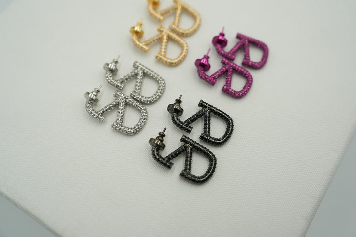 Multi-color Sparkling CZ V Hoop Earrings 18K Gold, Silver, Black, Pink Bijou Era Store