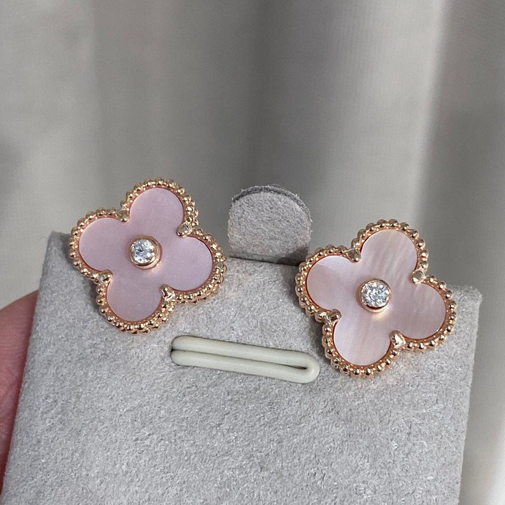 Pink Mother of Pearl Clover Studs with CZ, 18K Rose Gold, 15mm 1 Motif Earrings, Push Back 4 Leaf Earrings, Lucky Leaf Clover, Sweet Clover Bijou Era Store