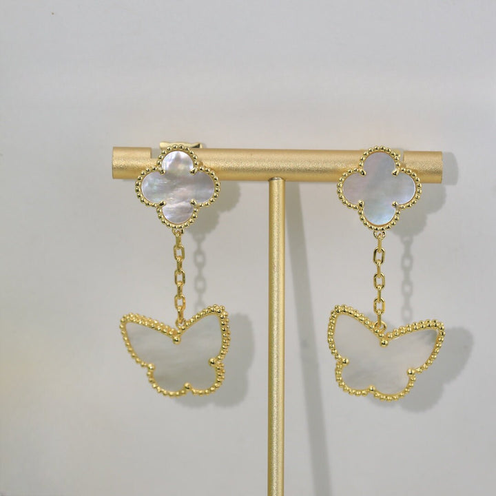 Mother of Pearl Dangle Drop Earrings, 2 Motif Clover &amp; Buterfly Earrings 18K Gold Push Back , 4 Leaf Earrings, Lucky Leaf Clover Bijou Era Store