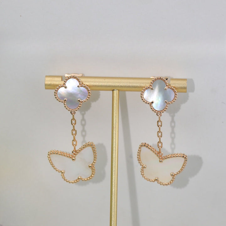 Mother of Pearl Dangle Drop Earrings, 2 Motif Clover &amp; Buterfly Earrings 18K Gold Push Back , 4 Leaf Earrings, Lucky Leaf Clover Bijou Era Store