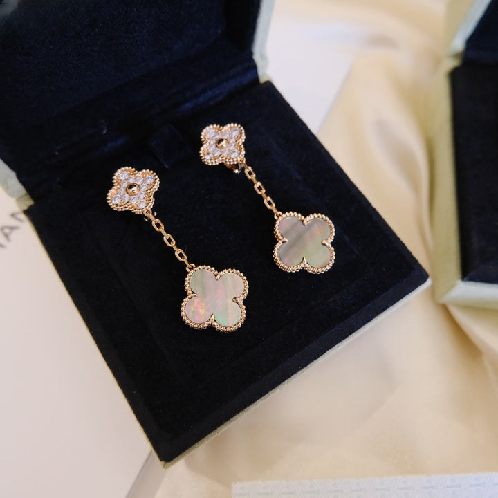 Gray Mother of Pearl &amp; CZ Dangle Drop Earrings, 2 Motif Clover Earrings 18K Rose Gold Push Back , 4 Leaf Earrings, Lucky Leaf Clover Bijou Era Store