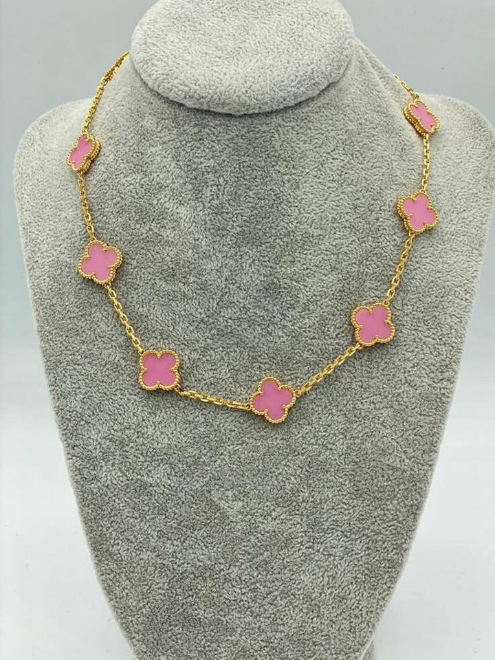 Pink Porcelian 10 Clover 15mm Motif Gold Necklace 18K Bijou Era Store