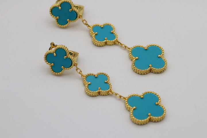 Turquoise 3 Motif Clover Drop earrings 18K Gold Push Back Bijou Era Store