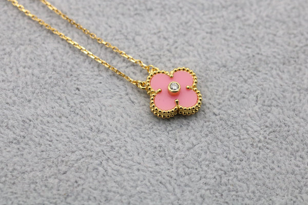 Pink Porcelain & CZ 15m Clover Pendant Necklace 18K Gold Bijou Era Store