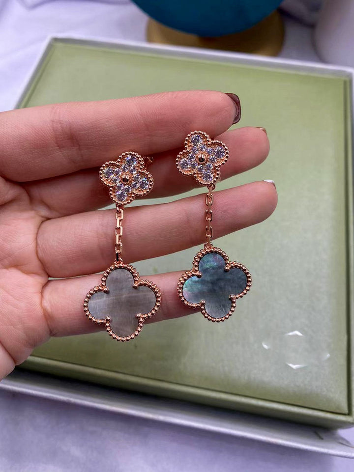 CZ & Gray Mother of pearl 2 motif Clover Drop earrings 18K Rose Gold Push Back Bijou Era Store