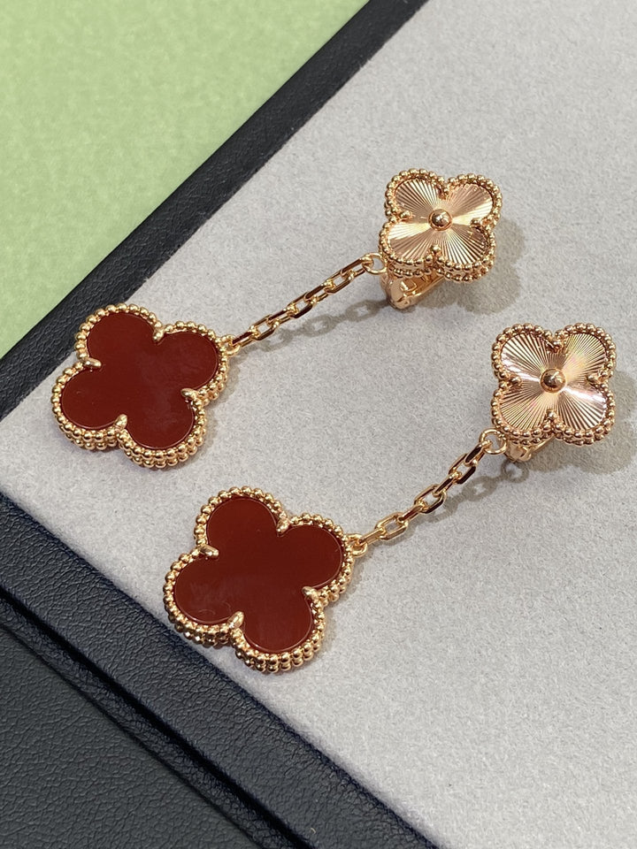 Carnelian &amp; Guillioche Dangle Drop Earrings, 2 Motif Clover Earrings 18K Rose Gold Push Back , 4 Leaf Earrings, Lucky Leaf Clover Bijou Era Store