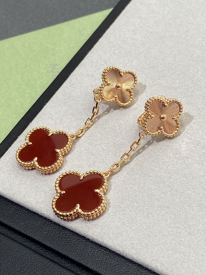 Carnelian &amp; Guillioche Dangle Drop Earrings, 2 Motif Clover Earrings 18K Rose Gold Push Back , 4 Leaf Earrings, Lucky Leaf Clover Bijou Era Store