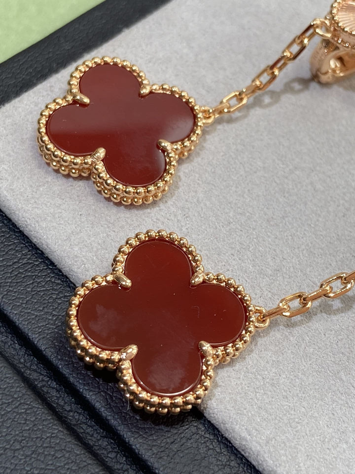 Carnelian &amp; Guillioche Dangle Drop Earrings, 2 Motif Clover Earrings 18K Rose Gold Push Back , 4 Leaf Earrings, Lucky Leaf Clover Bijou Era Store