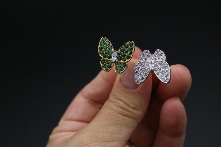 CZ Green stone Butterfly open ring 925 silver 18k white gold plated adjustable Bijou Era Store