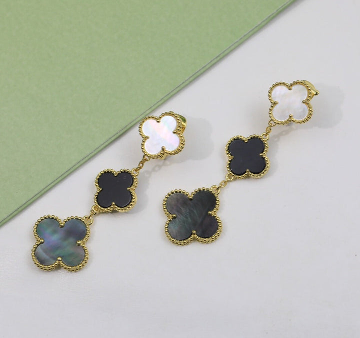 Black White Gray MOP 3 Motif Dangle Drop Earrings, 2 Motif Clover Earrings 18K Rose Gold Push Back , 4 Leaf Earrings, Lucky Leaf Clover Bijou Era Store