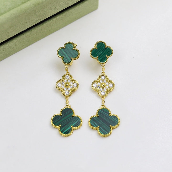 Malachite &amp; CZ 3 Motif Dangle Drop Earrings, 2 Motif CZ Clover Earrings 18K Gold Push Back , 4 Leaf Earrings, Lucky Leaf Clover Bijou Era Store