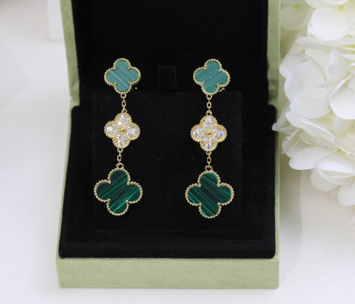 Malachite &amp; CZ 3 Motif Dangle Drop Earrings, 2 Motif CZ Clover Earrings 18K Gold Push Back , 4 Leaf Earrings, Lucky Leaf Clover Bijou Era Store