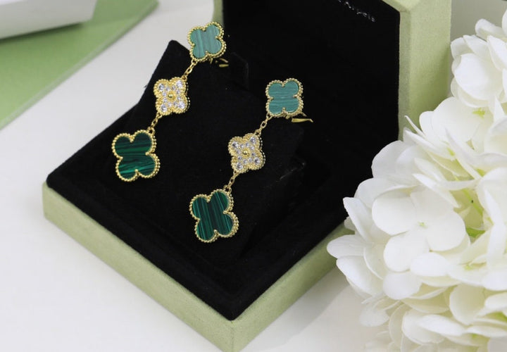 Malachite &amp; CZ 3 Motif Dangle Drop Earrings, 2 Motif CZ Clover Earrings 18K Gold Push Back , 4 Leaf Earrings, Lucky Leaf Clover Bijou Era Store