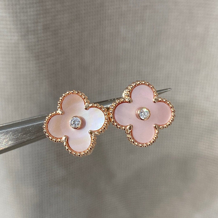 Pink Mother of Pearl Clover Studs with CZ, 18K Rose Gold, 15mm 1 Motif Earrings, Push Back 4 Leaf Earrings, Lucky Leaf Clover, Sweet Clover Bijou Era Store