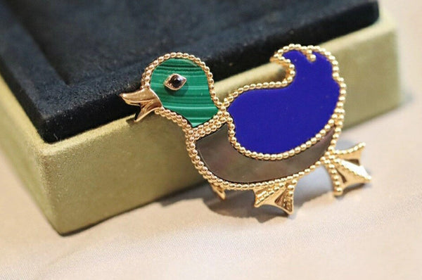 Malachite &amp; Lapis Lazuli MOP Broche animal porte-bonheur 925 argent plaqué or 18 carats Clip canard 