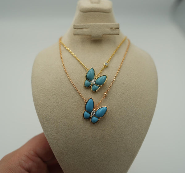 Turquoise Butterfly Pendant Necklace with Side CZ
