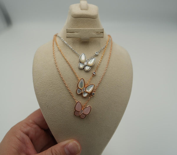 Opal Butterfly Pendant Necklace with Side CZ