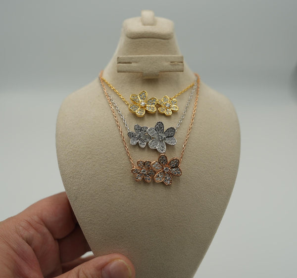 3 Petal Flower Full CZ Pendant Necklace