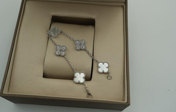 Mother of Pearl & CZ Clover Bracelet White Gold