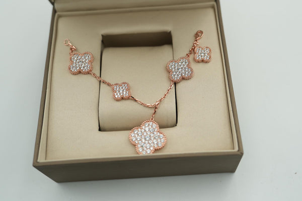 CZ 6 Motif Clover Bracelet Rose Gold Varied Motif Size