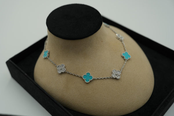 Turquoise & CZ 10 Motif Clover Necklace White Gold