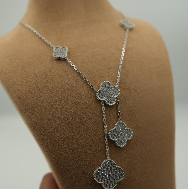 Full CZ Clover Necklace 6 Motif Varied SIze White Gold