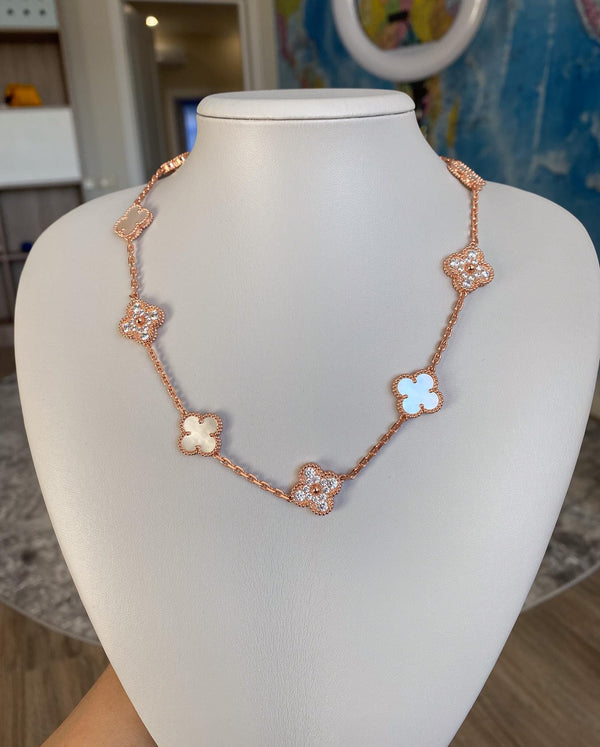 Mother of Pearl & CZ 10 Motif Clover Necklace Rose Gold