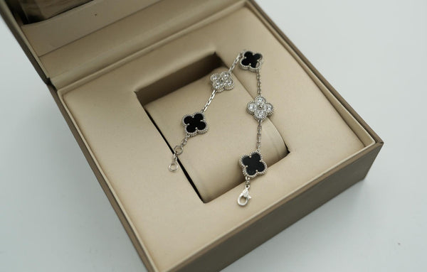 Onyx & CZ 5 Motif Clover Bracelet
