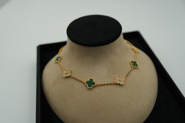 Malachite & CZ 10 motif Clover Necklace Gold
