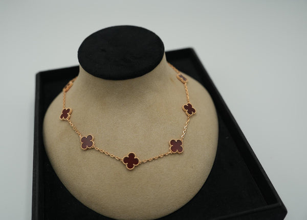 Carnelian 10 Motif Clover Necklace Rose Gold