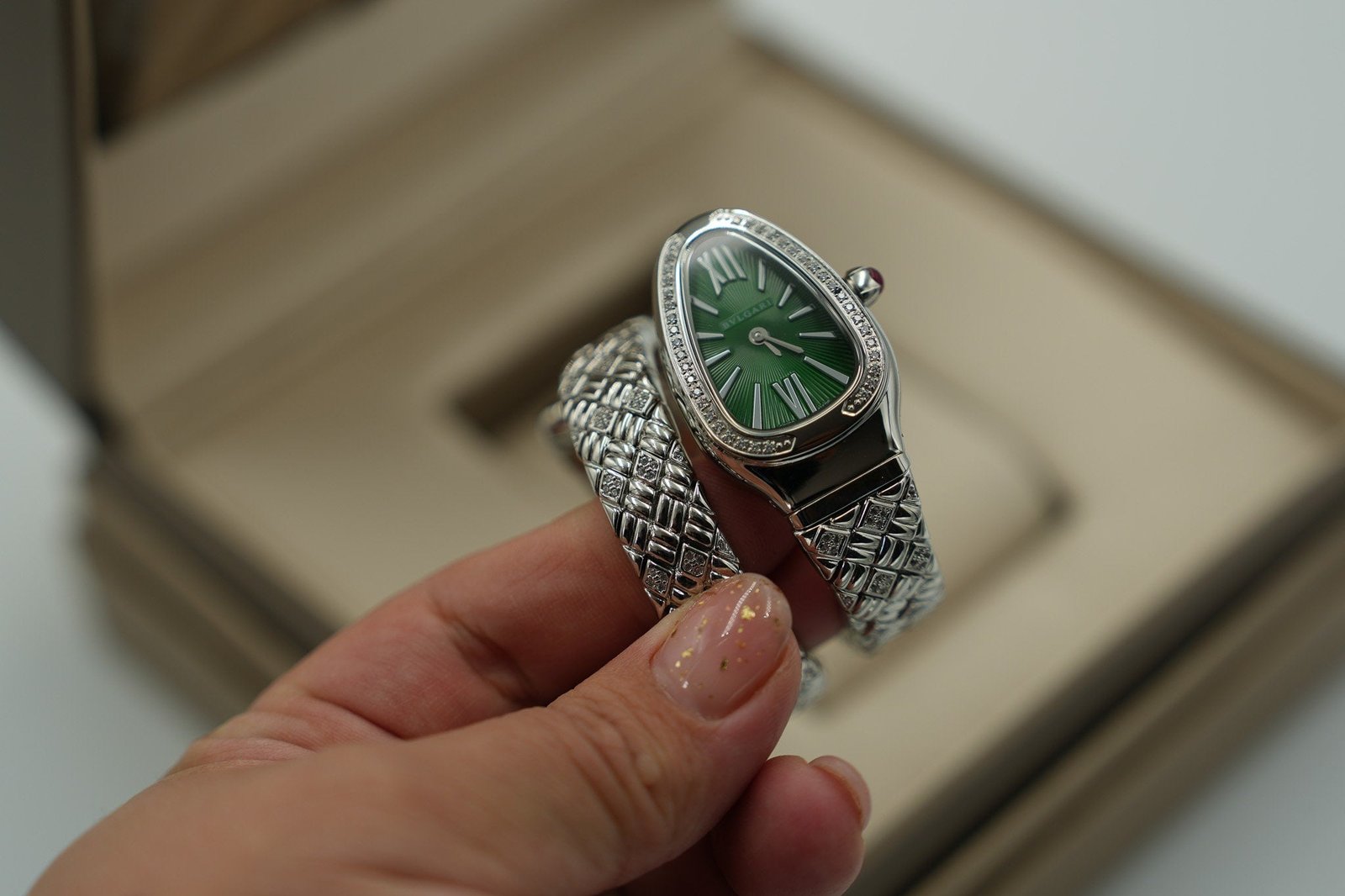 green-dial-snake-double-wrap-watch-with-cz-1.jpg CZ Jewellery front view - Bijou Era